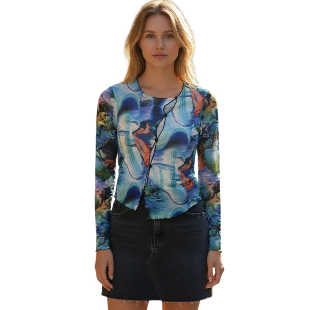 Prettylittlething Blue and Orange Abstract Sheer Blouse Size 6